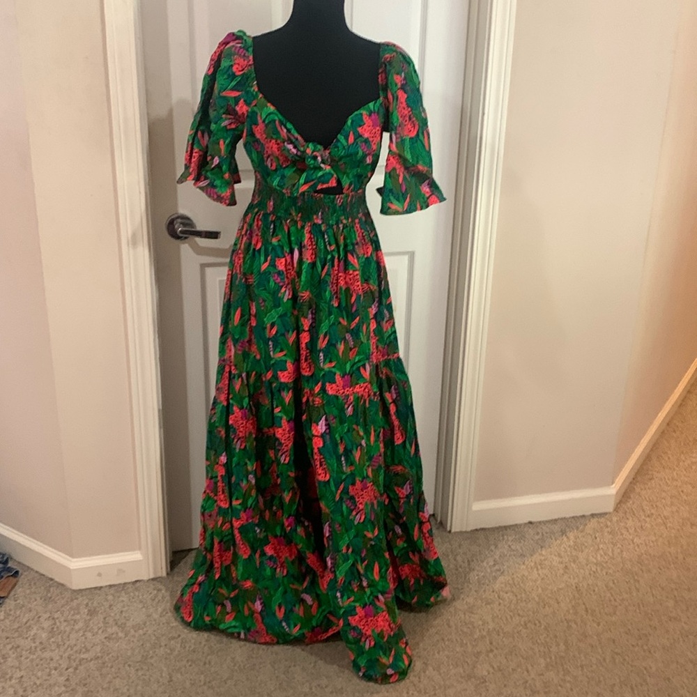 Palms Away forest green Neon day glow orange tiger palm tree cut out maxi dress